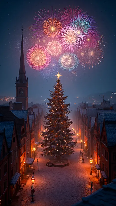 A winter European harbor town at night. The old town’s rooftops and streets are covered with snow, while the warm orange illumin...