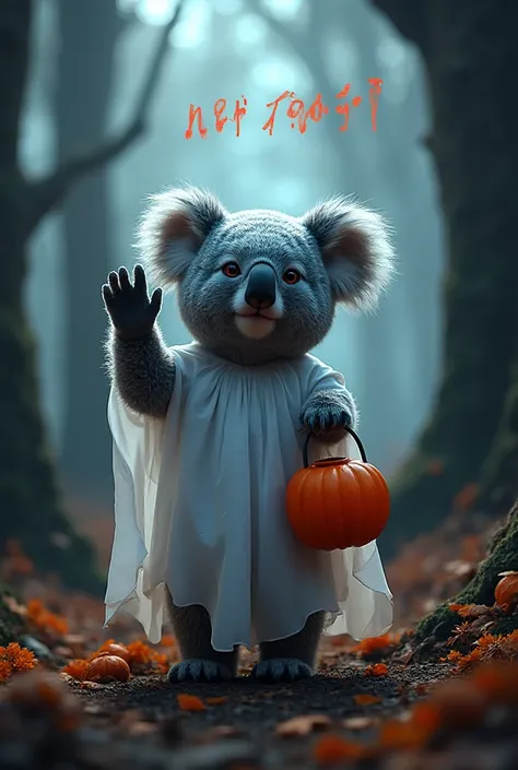 4K, ultra HD, koala, dressed in a Ghost costume, waving with one hand, holding a Halloween Pumpkin Pail in the other, standing i...