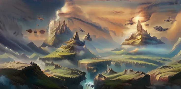 a breathtaking fantasy world floating in the sky, with multiple islands drifting among clouds.  
each island has its own atmosph...