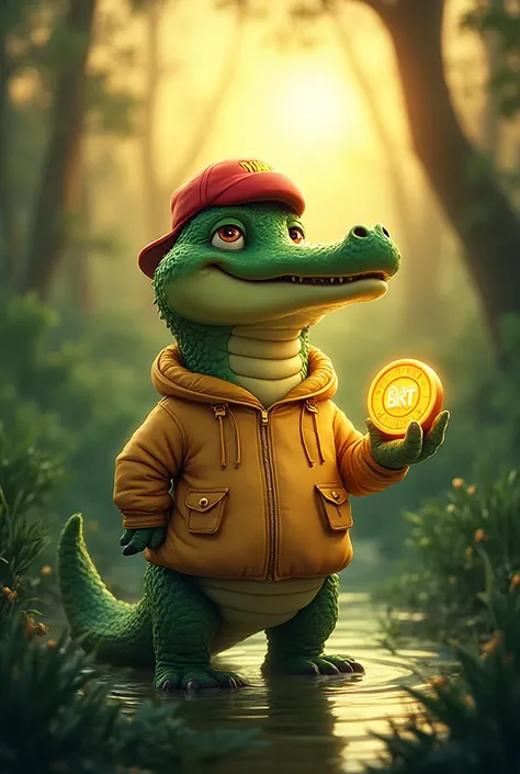 A cartoon crocodile mascot named BRAINITA, wearing a golden jacket and a red cap turned backward, standing proudly in a lush gre...