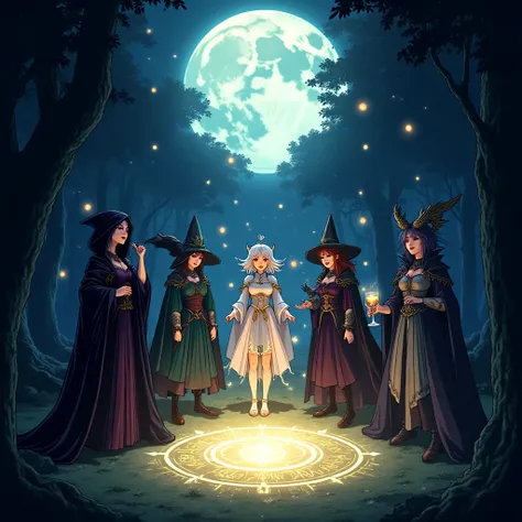 Anime-style illustration of a group of powerful medieval sorceresses gathered in an ancient moonlit forest clearing. A glowing m...