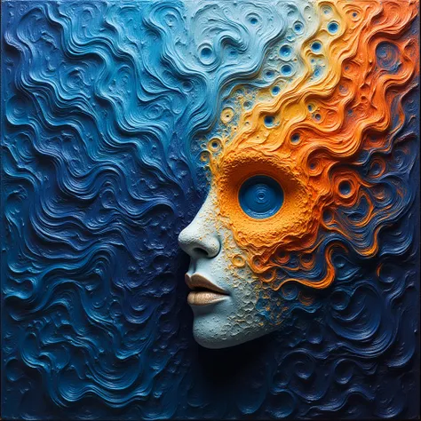 Highly textured impasto technique, where thick, bold brushstrokes are evident across the surface. The oil or acrylic paints seem...