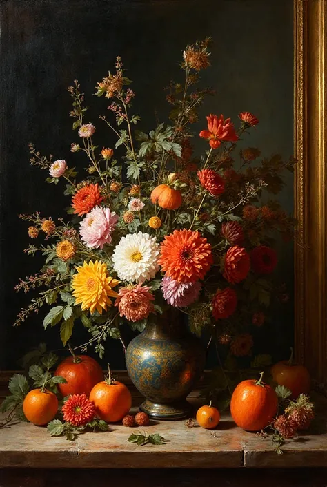 Painting. A work of art in a gilded frame. Still life with autumn flowers and fruits. The era of classicism. hyperdetail. dark b...