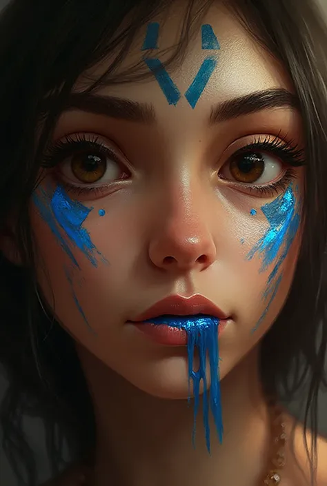 Drawing a bright blue line at the bottom of the lip with two triangles and two dots next to it made the girl have Egyptian featu...