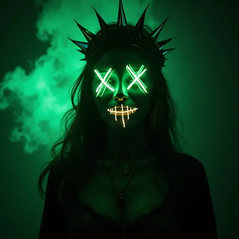 Une jeune bille avec des formes généreuse bien sexy porte un masque néon lumineux avec une bouche cousue et des yeux brillants ...