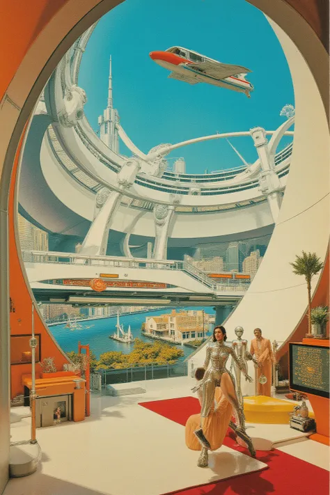 Highest Quality, masterpieces from above, 1970s retro futurism, imaginary map of the future of 2025, giant dome city, Flying Car...