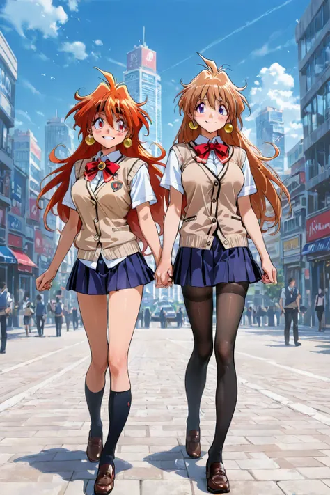 Top quality. Lina Inverse. Red hair. Light brown cardigan vest. High school uniform. Navy blue skirt. Black stockings. Large bre...