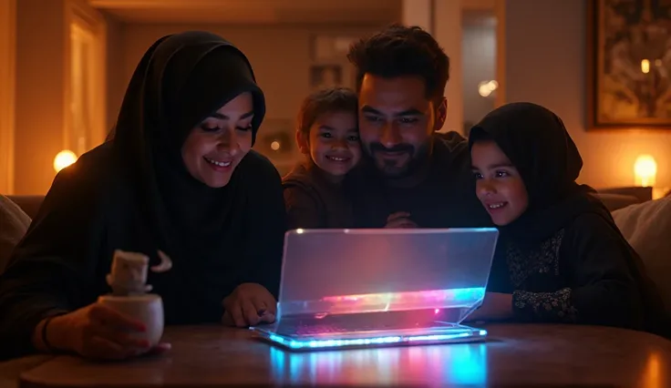 "Ultra realistic 4K scene inside a modern cozy room with warm glow VFX lighting, a futuristic 4K laptop on the table glowing wit...