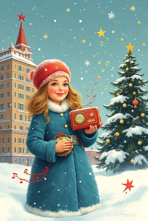 A digital illustration in the style of a Soviet postcard. The central figure is a cheerful Snegurochka (Snow Maiden) in a furry ...