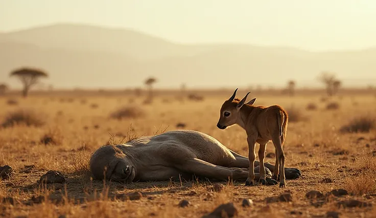 The savannah now silent under blistering sun. A lone calf stands beside his mother’s body.
→ Camera: Long wide shot showing scal...