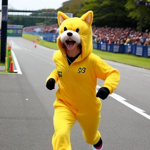 live-action、Realistic、pretty girl. she wear sonic mascot outfit. furry .she is running on the finish line of marathon. realism.k...