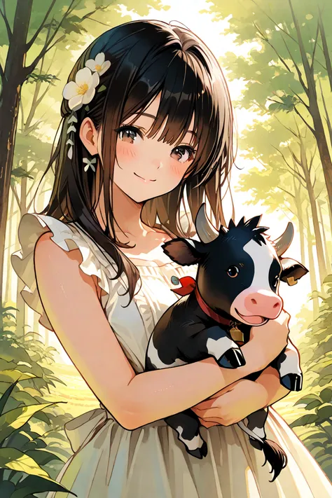 masterpiece, Highest Quality, one woman, dark haired、girl、Cow Beastman、cute、Smile Yan、innocent、nature