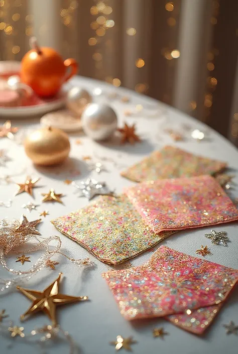 festive paper napkins on a decorated table, colorful patterns with gold and silver accents, stars, ribbons, and confetti, elegan...