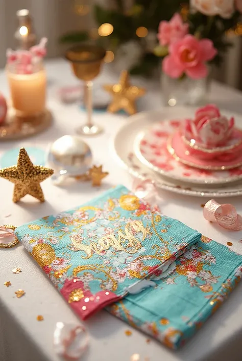 festive paper napkins on a decorated table, colorful patterns with gold and silver accents, stars, ribbons, and confetti, elegan...