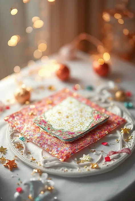 festive paper napkins on a decorated table, colorful patterns with gold and silver accents, stars, ribbons, and confetti, elegan...
