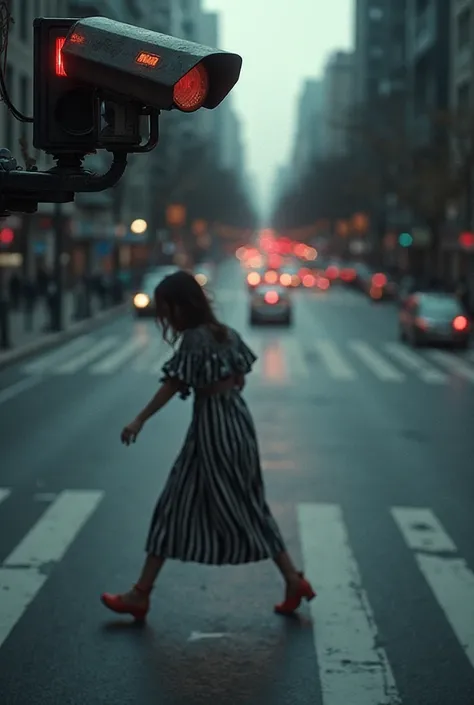 Security camera in a place where it is evident that a woman in a BWS passes the red light 