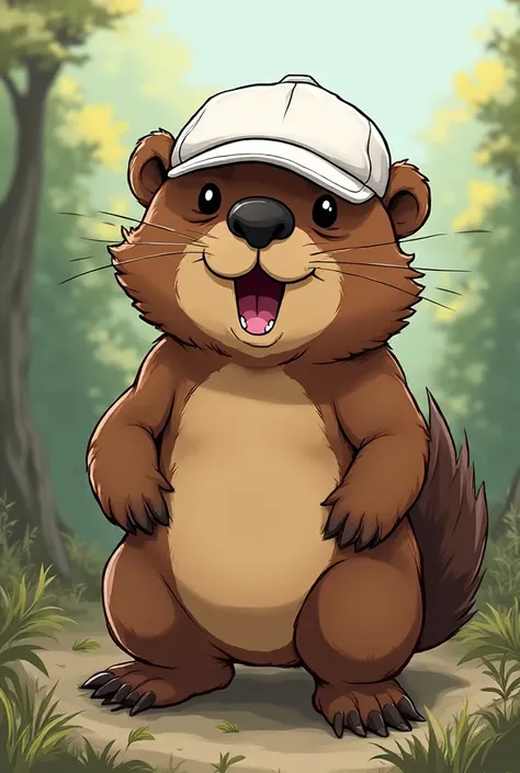 Brown beaver with fierce face, wearing a white project hat, rompi proyek hijau, in the style of anime cartoon drawing, otter his...