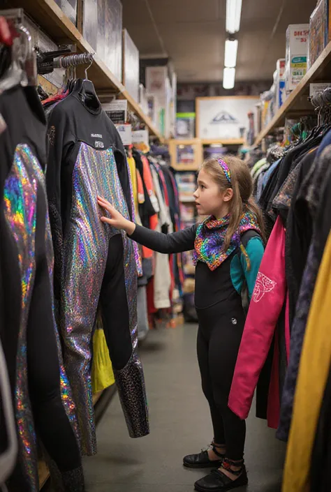 12 year old girl wearing a badea,in a shop and look around.  Touch one of the shiny wetsuits, that hang on the walls.

