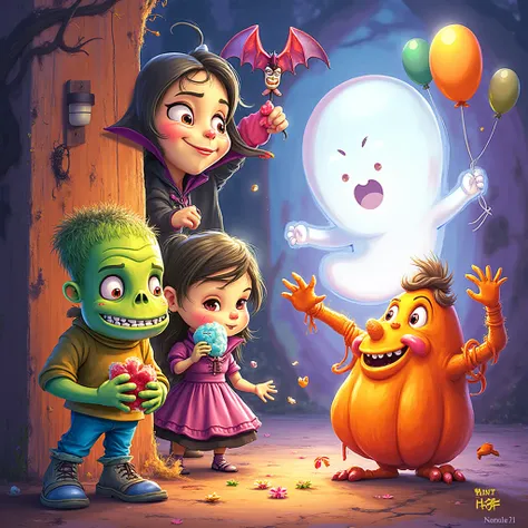 "Ultra-detailed 3D HD Halloween children's coloring book cover illustration, split composition.
Right side: large, adorable mons...