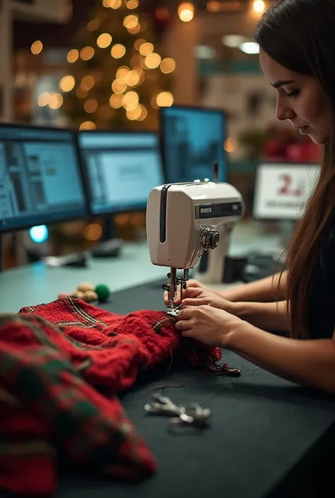 Close-up of female hands delicately sewing a pair of pants with red and green thread, on a counter with Christmas decorations, M...