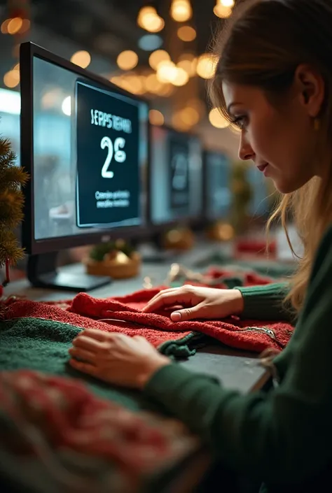 Close-up of female hands delicately sewing a pair of pants with red and green thread, on a counter with Christmas decorations, M...
