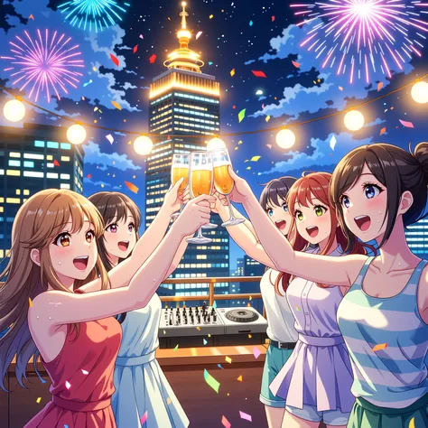 Highest Quality、Photographic Realism、8K resolution、Night Rooftop Party、Tokyo skyscraper rooftop、Young Japanese Women Lead the Ro...