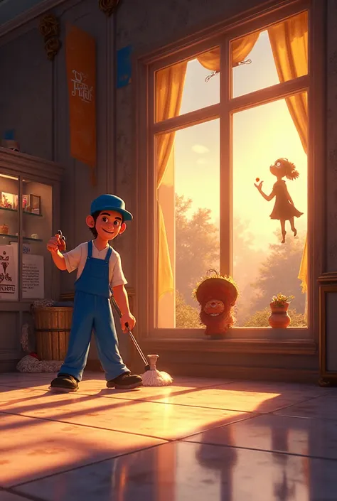 Setting: Grand City Museum, evening
Background: Polished marble floors, glass display cases, banners swaying slightly as janitor...