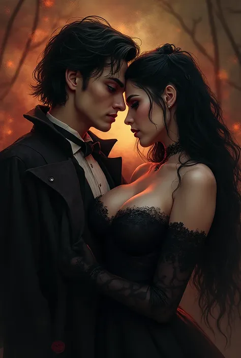 Une femme gothique aux cheveux noirs coupés au carré, légèrement chubby, déguisée en vampire pour Halloween, dans un style peint...