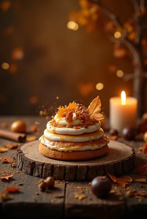 A romantic autumn dessert, elegant and rare, displayed on a rustic wooden table decorated with warm fall elements — golden leave...