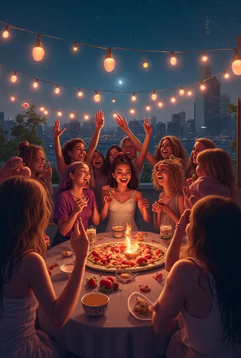 multiple girls、ルーフトップParty、night、rooftop、Party、They are making noise 、Fun Looks、excited