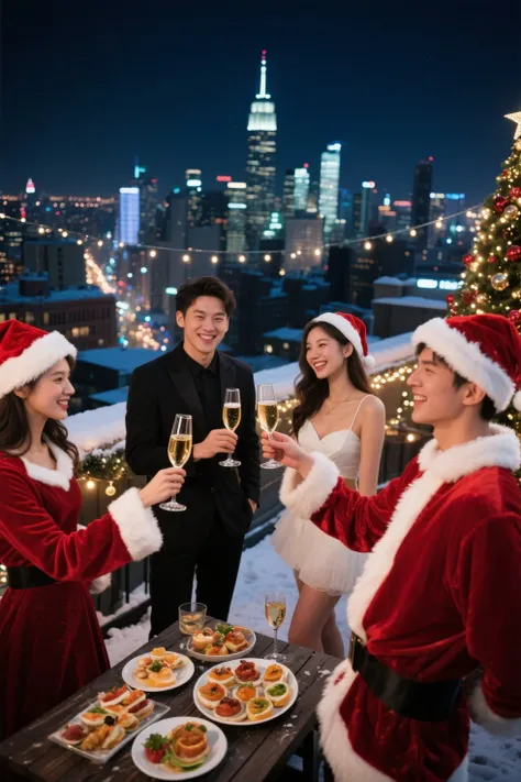 Masterpiece, highest quality, highest image quality, Night view of a big city, rooftop in the middle of winter, illumination, Ch...