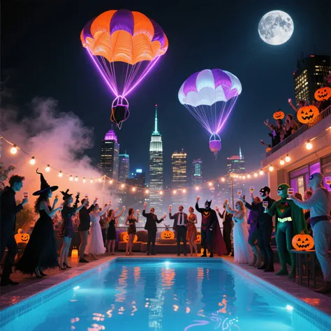 (masterpiece:1.3), (best quality:1.3), (ultra realistic:1.3), (cinematic night lighting:1.3), (Halloween party atmosphere:1.2), ...