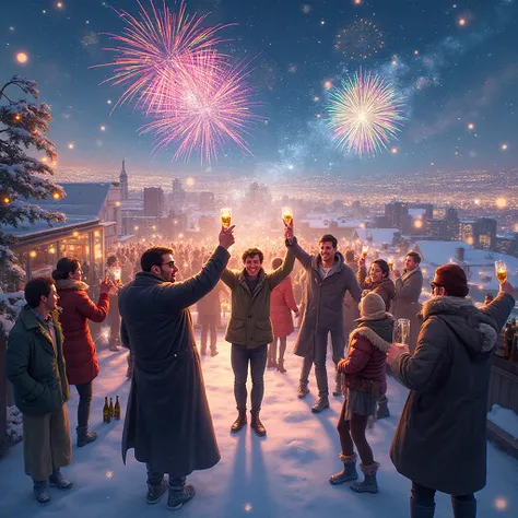 Rooftop Party, with alcohol, snow, Fireworks and lots of joy.