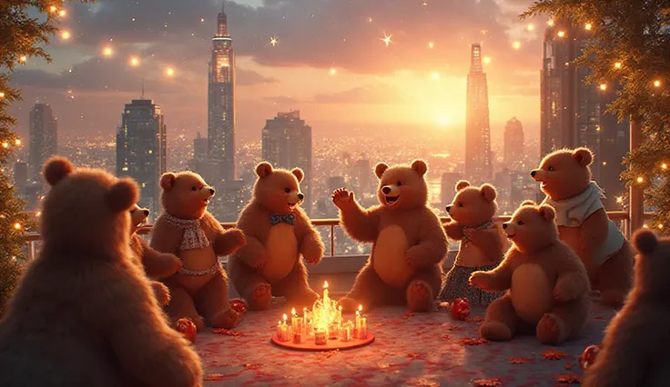 Create a breathtaking rooftop party scene where a family of bears is having a great time. The setting is a luxurious rooftop wit...
