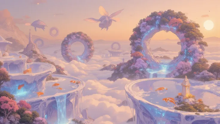 "A surreal, dreamlike artificial paradise. The landscape is filled with floating, perfectly circular pools of water resembling g...