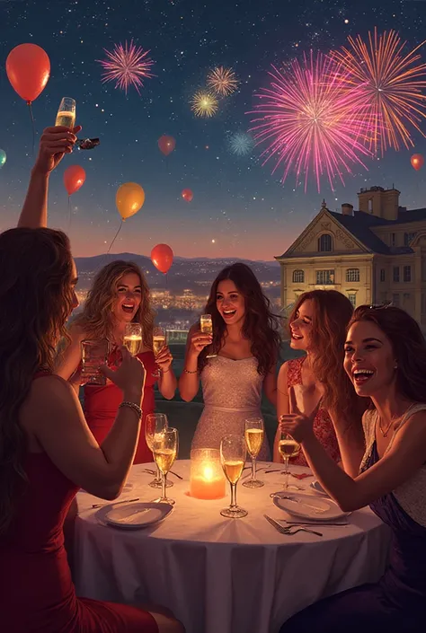A girls' dinner party,dressed festively on the roof of a large house.It's cheerful.There are fireworks,they drink champagne and ...