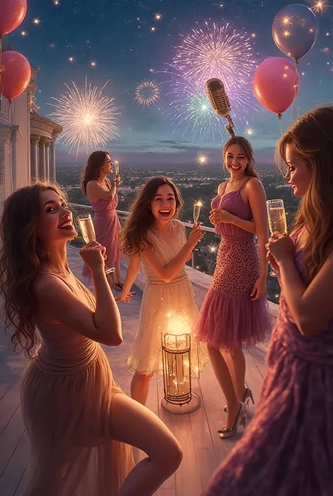 A girls' dinner party,dressed festively on the roof of a large house.It's cheerful.There are fireworks,they drink champagne and ...