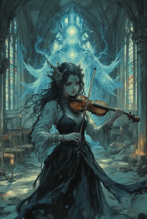 (masterpiece), (ultra-detailed), cinematic anime illustration, 
tight medium close-up of a gothic girl playing violin in a ruine...
