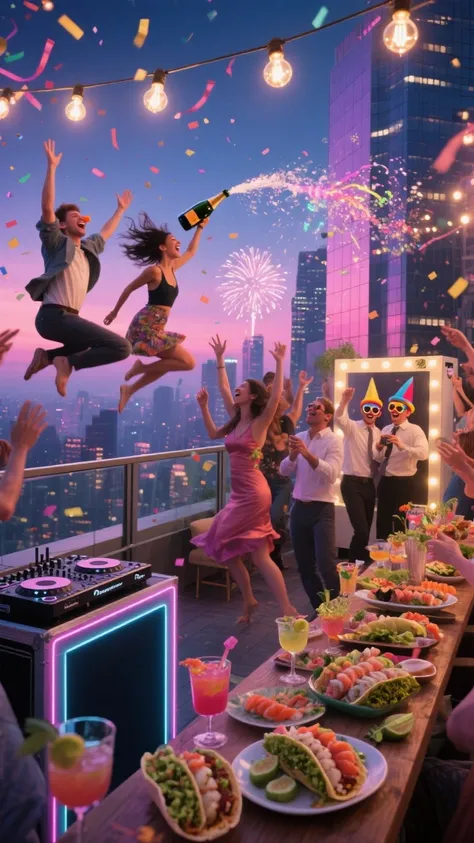 An 8K-quality, cinematic dusk scene atop a glass-railed rooftop terrace overlooking a glowing city skyline. Strands of Edison bu...