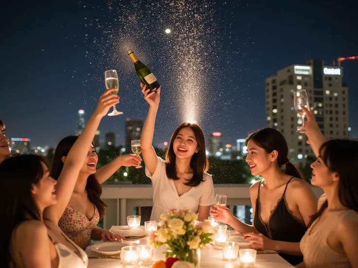 A lively rooftop garden party at night. A young Japanese woman raises a champagne bottle high into the air as foam bursts and sp...