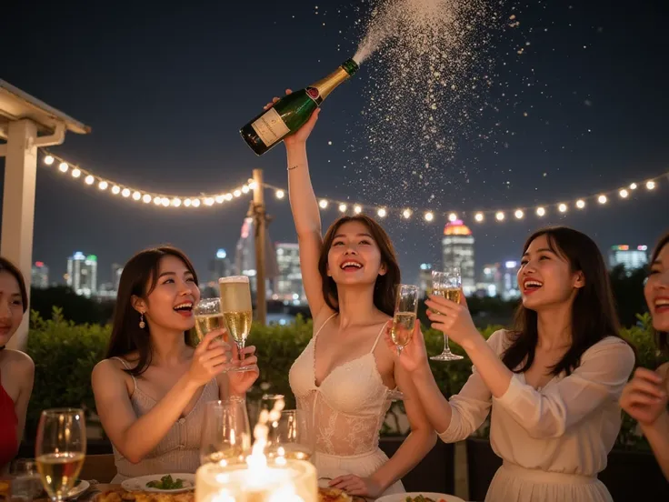 A lively rooftop garden party at night. A young Japanese woman raises a champagne bottle high into the air as foam bursts and sp...