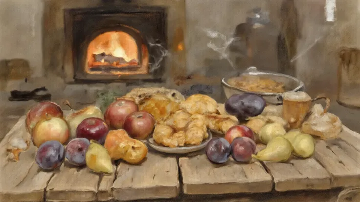 A wooden table with dried fruits — apples, plums, pears — laid on planks by the oven, gentle smoke curling upward, golden hues f...