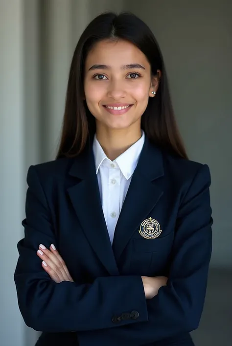 A young woman is dressed in a navy blue school uniform. Beneath the uniform, she wears a white button-up shirt, its neat collar ...