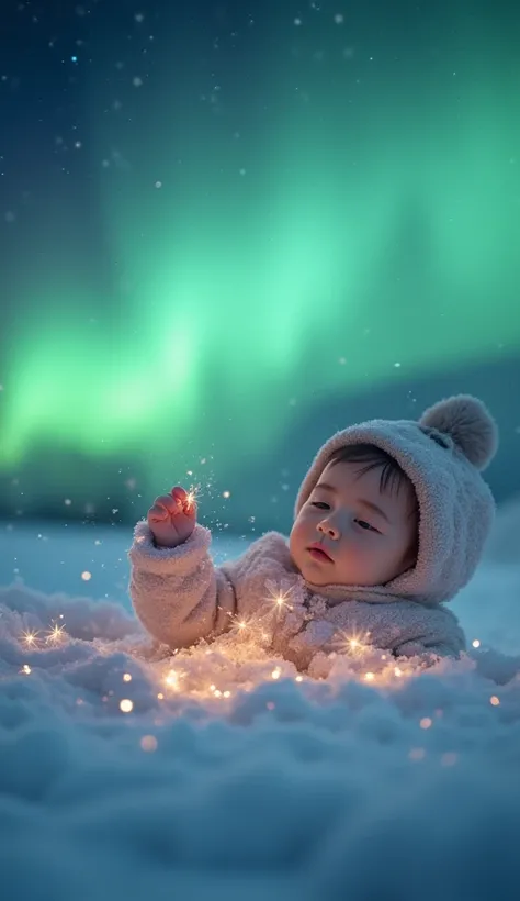 A slow, gentle cinematic video of a baby lying in glowing snow under the northern lights. Snowflakes drift slowly in the air, sw...