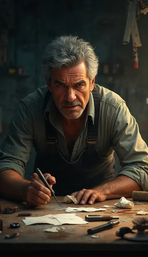 Realistic image of the same man beginning their work, making small mistakes, sighing, messy workspace, emotional tone of frustra...