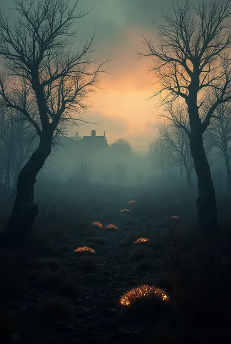 A surreal, eerie autumn landscape at dusk. Bare trees with twisted branches stretch across a foggy field. The ground appears sub...