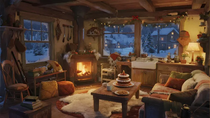 The interior of a cozy old hut in the forest, there are hunting tools, Cung, hatching, gun , và there is a fur plate, fireplace ...