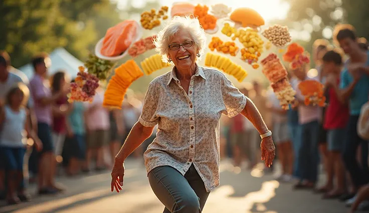 An older adult joyfully dancing at a community event, their legs moving with ease and energy. A subtle overlay of vitamin B6 mol...