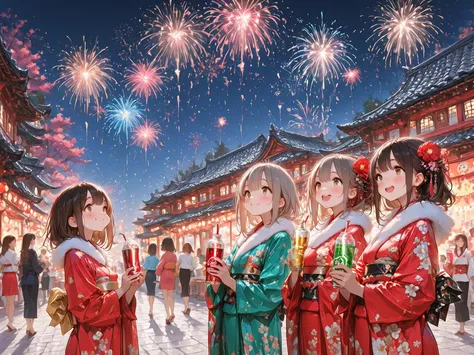 Cute,((best quality)), ((masterpiece)), (detailed), 4 girls, roof toop party, barbeque, joyfull, soda, new year, fireworks, part...