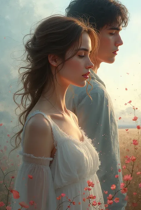 Make me a front and back cover for a novel without a title, with a light and sad romantic theme at the same time, showing the co...